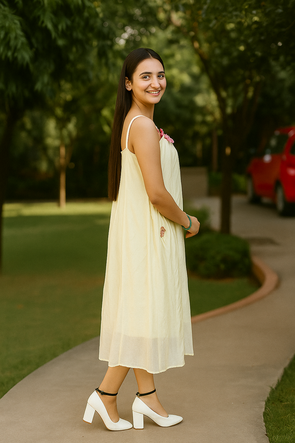 Cotton Strap Dress With 3d Floral