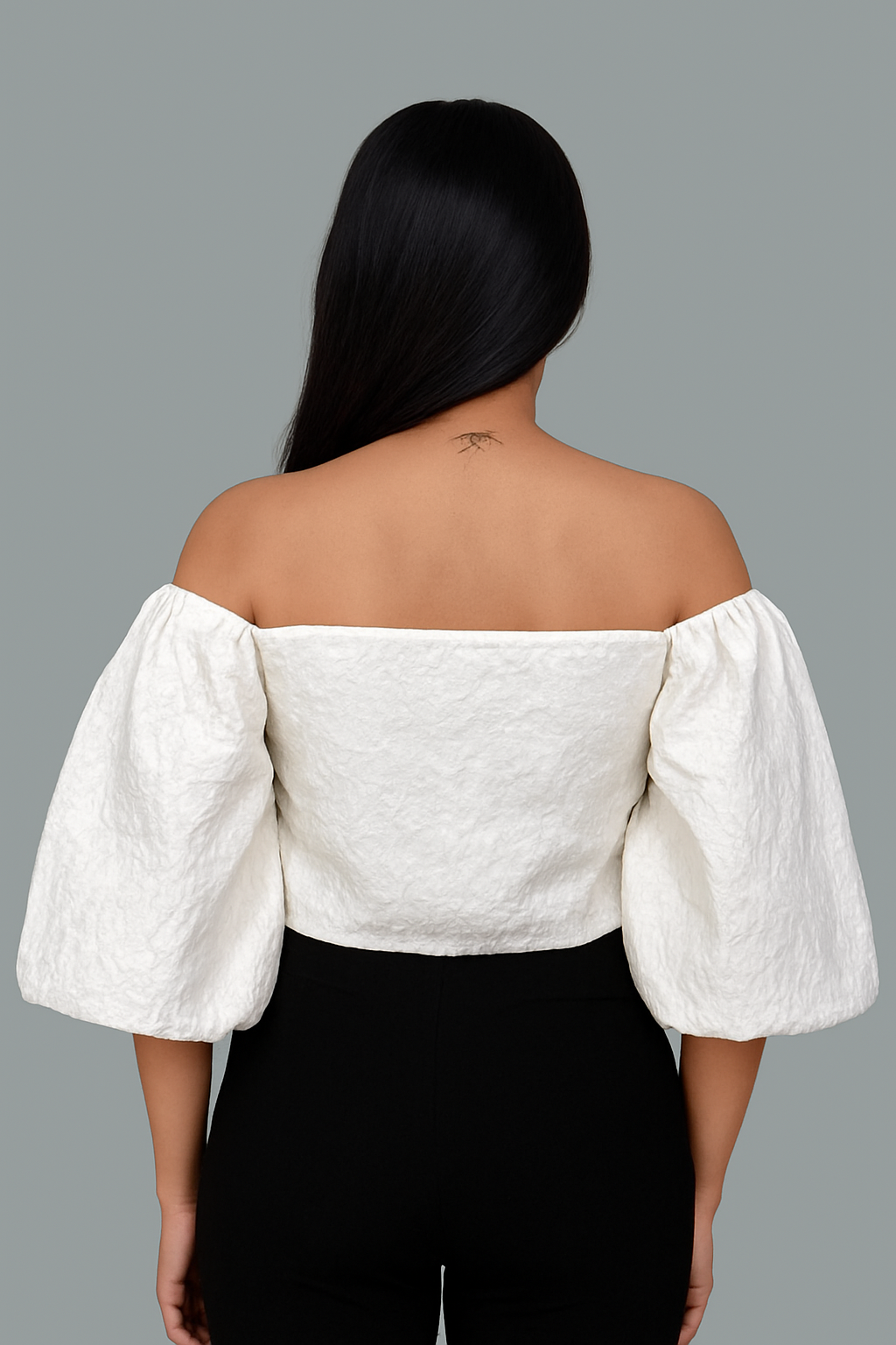 Ladies White Balloon Half Sleved Cropped Top