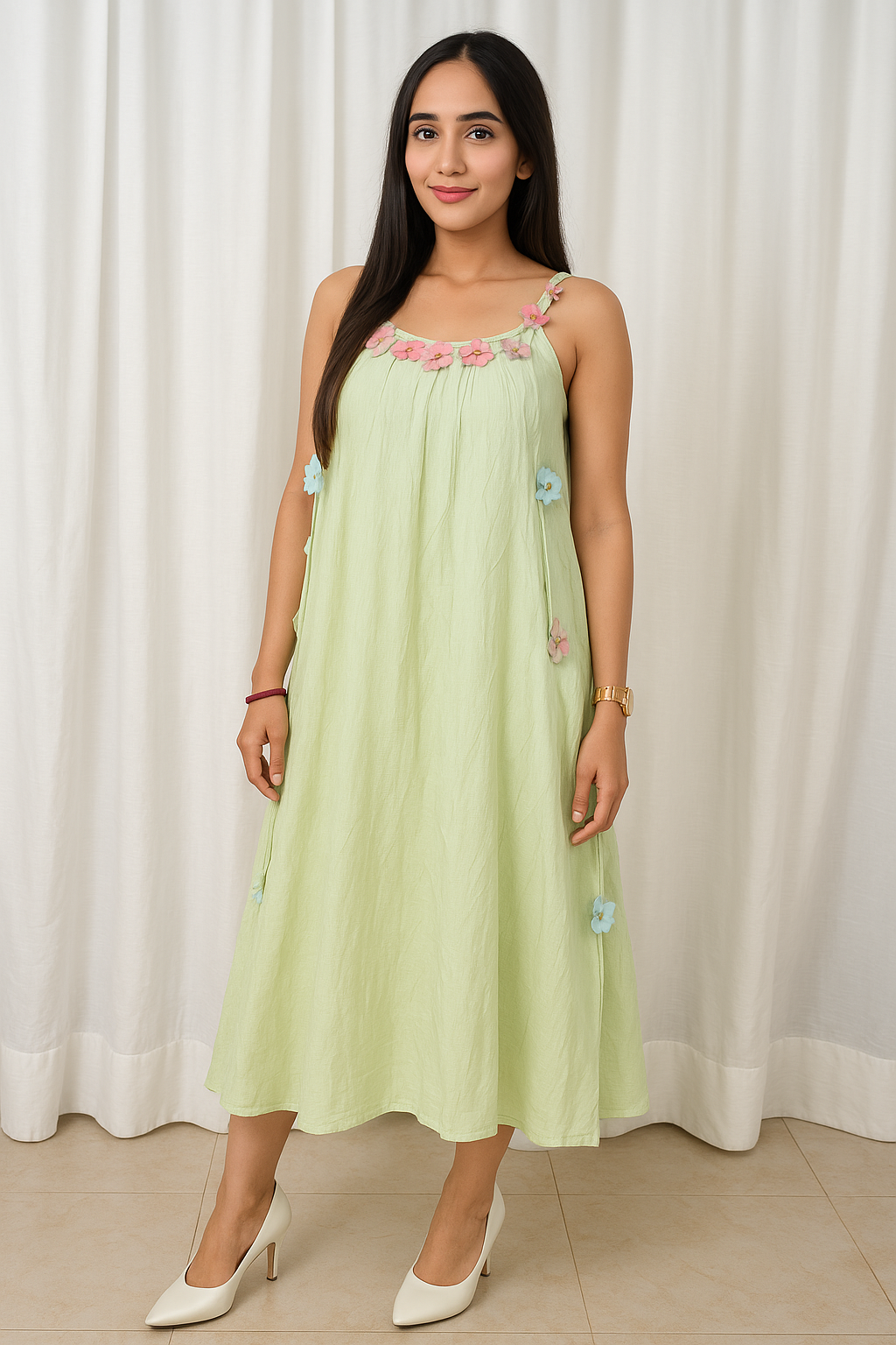 Voxelle Cotton Strap Dress With 3d Floral Mint Green