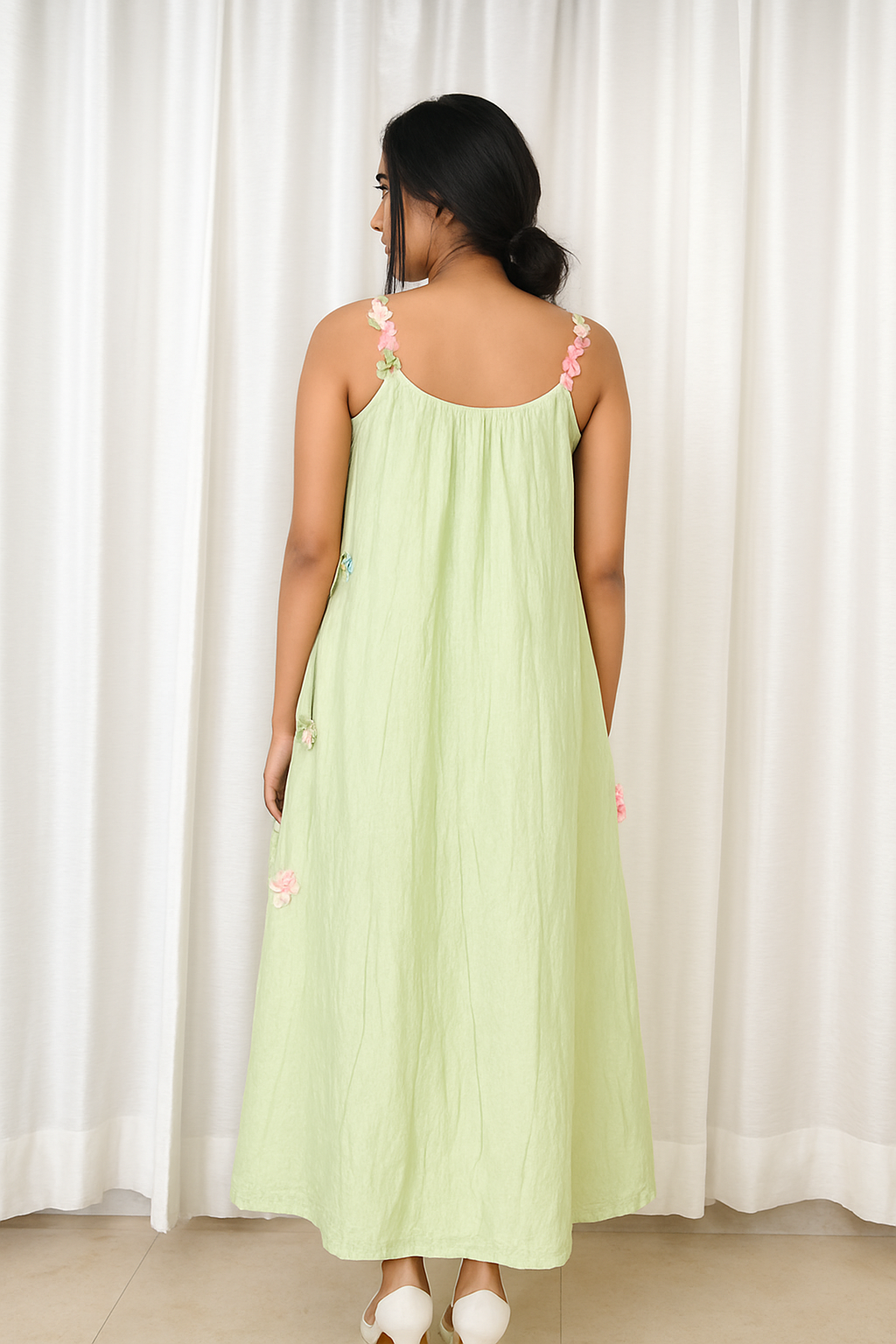 Voxelle Cotton Strap Dress With 3d Floral Mint Green