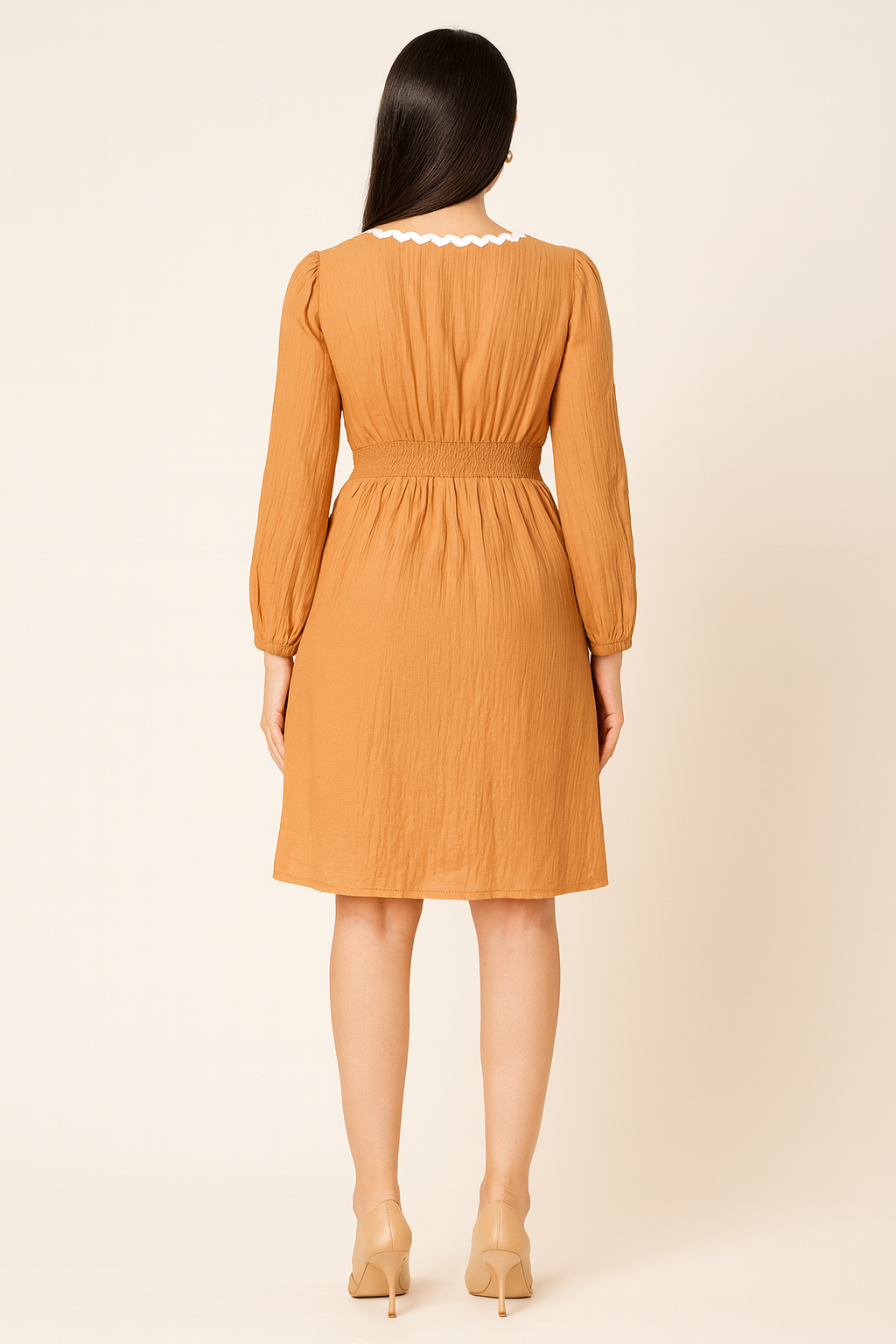 Women’s Rust Orange Crinkle Cotton Knee-Length Dress with White Lace Trim