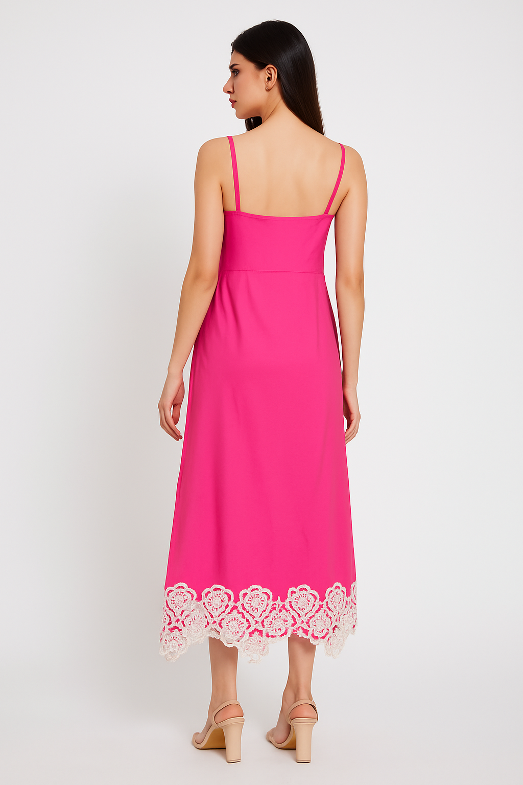 Women’s Lace Hem Cotton Midi Dress – Sleeveless Summer Dress with Spaghetti Straps