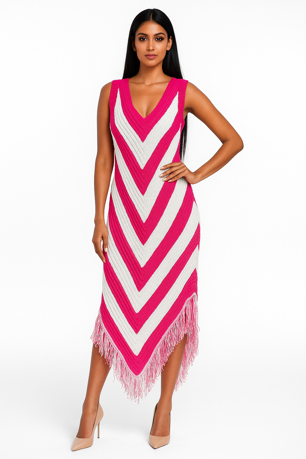 Voxelle Pink & White Chevron Knit Sleeveless Dress with Fringe Hem