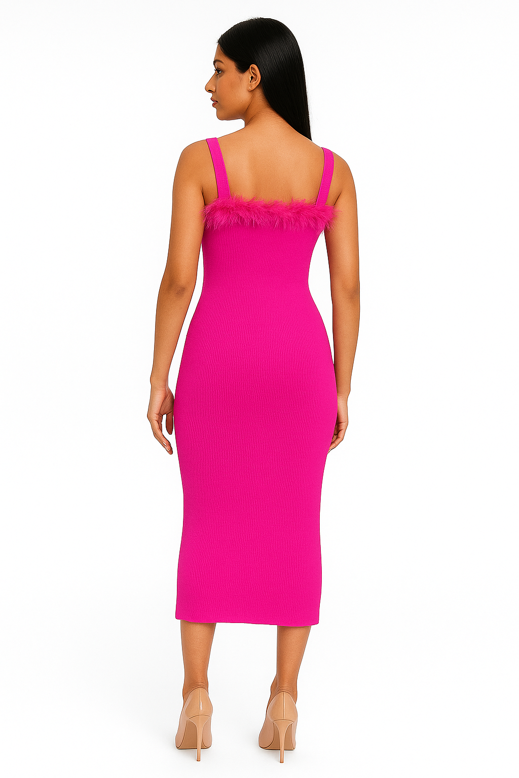 Voxelle Fuchsia Feather Trim Bodycon Midi Dress