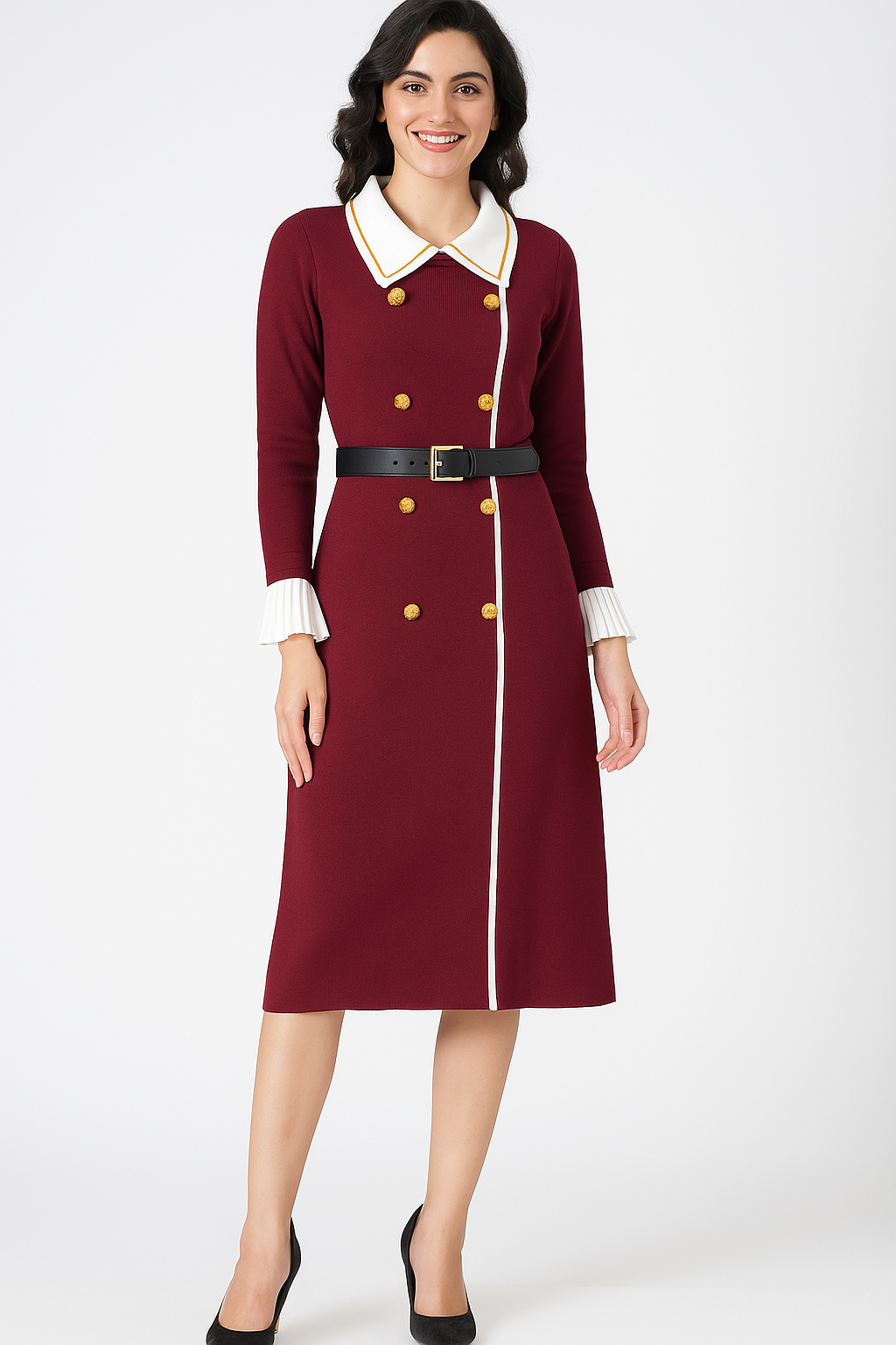 Voxelle Maroon Classic Gold Button Midi Dress