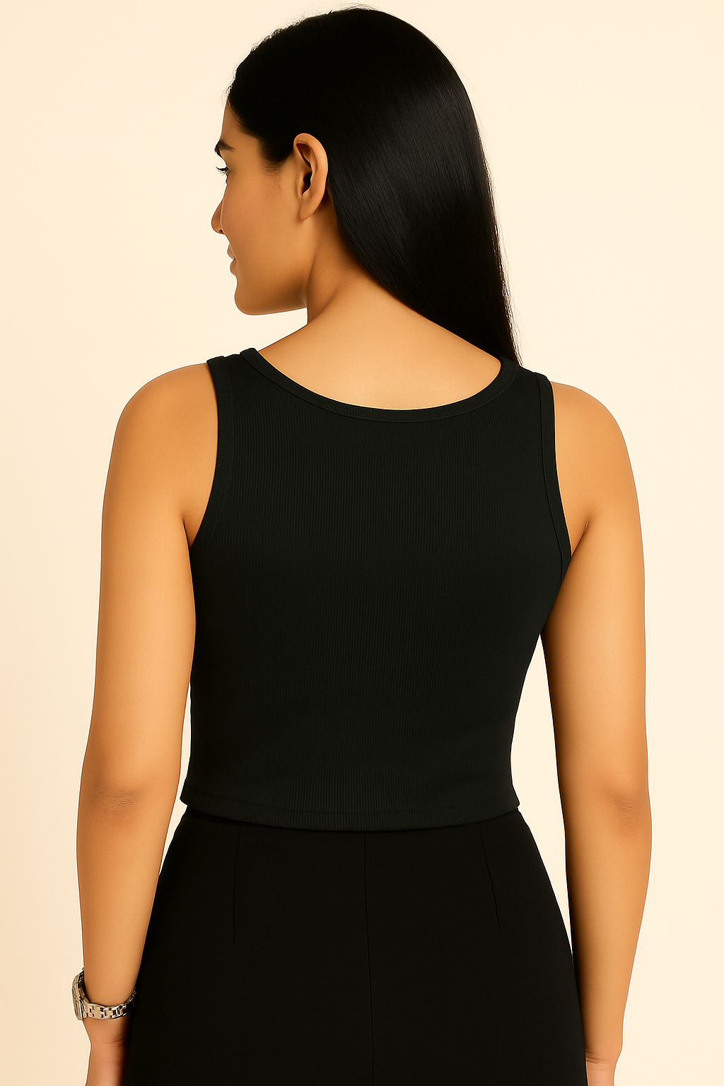 Voxelle Black Ribbed Crop Top for Women with Gold Strap