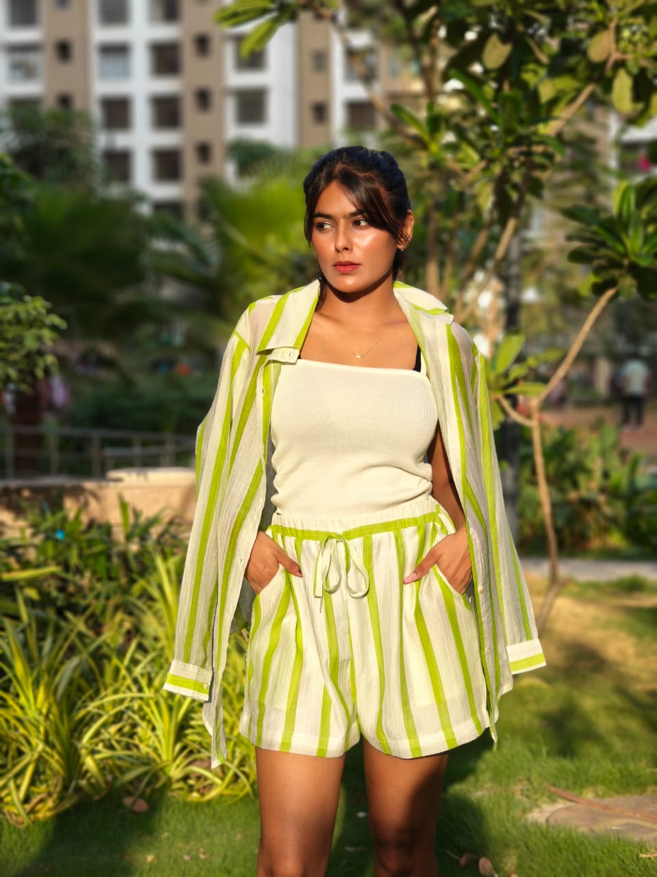 Cotton Shorts Co-Ord In Green Strips