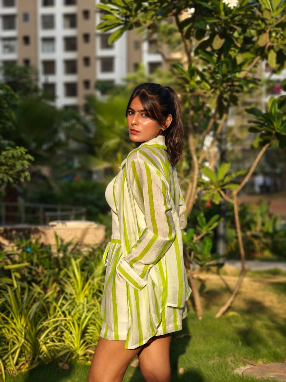 Cotton Shorts Co-Ord In Green Strips