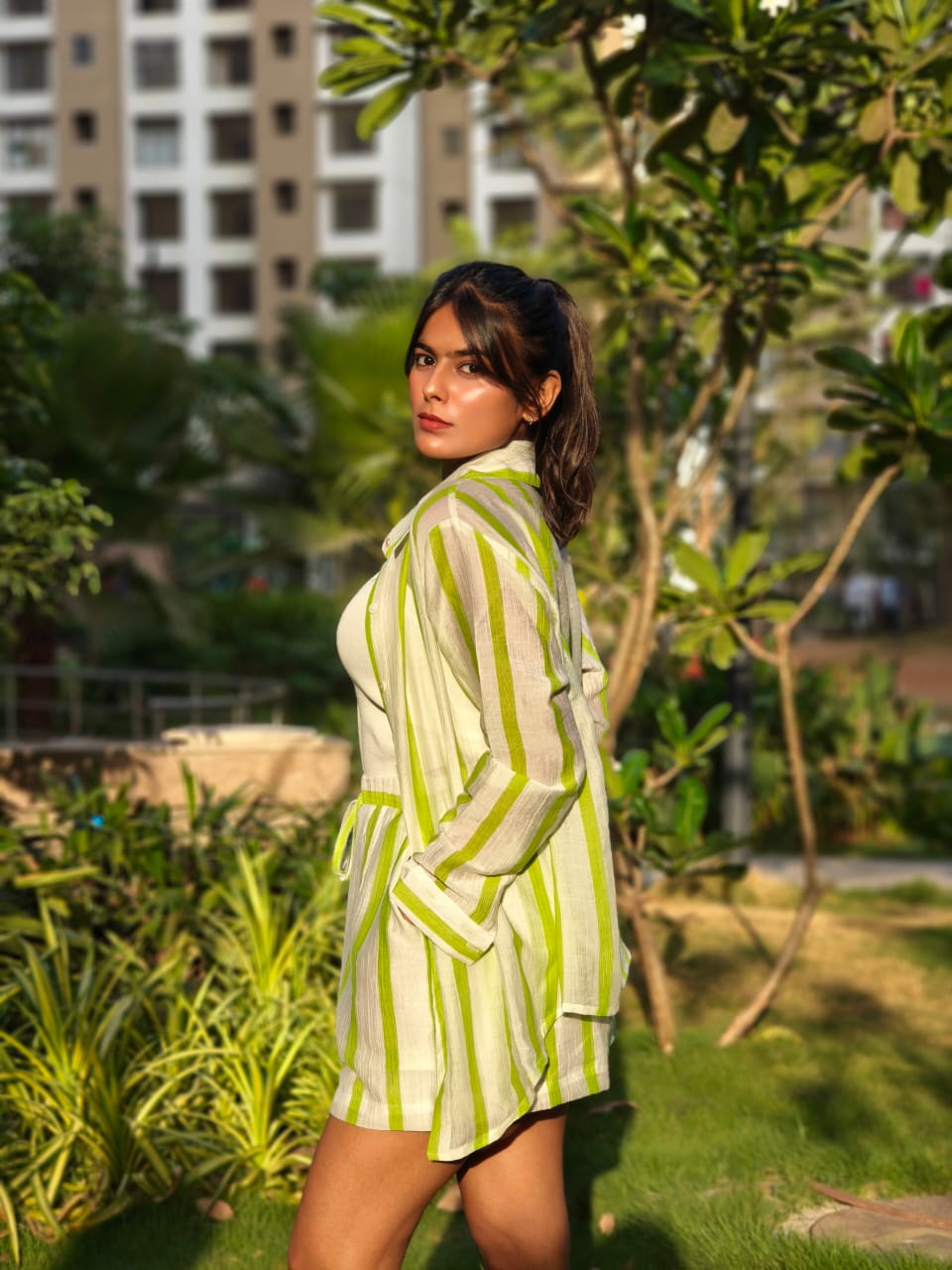 Cotton Shorts Co-Ord In Green Strips