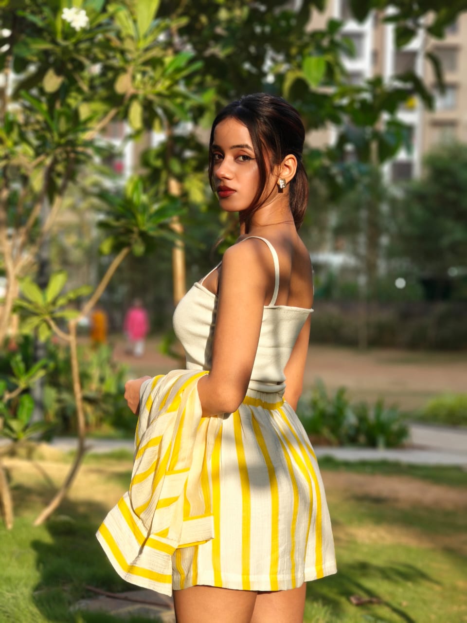 Cotton Shorts Co-Ord In Lime Strips