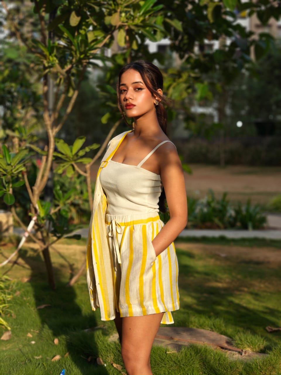 Cotton Shorts Co-Ord In Lime Strips