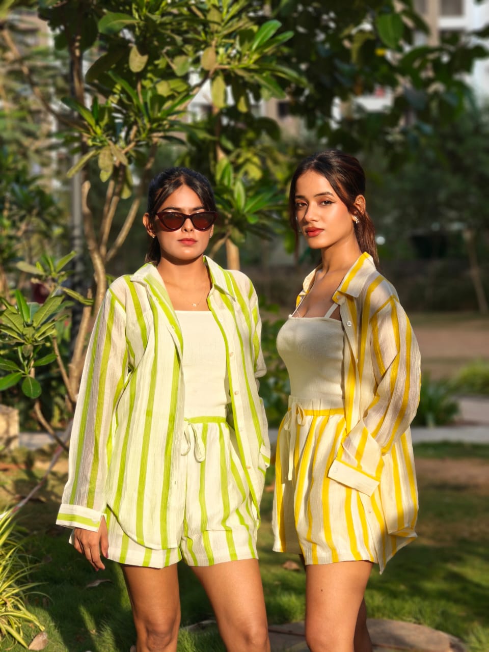 Cotton Shorts Co-Ord In Lime Strips