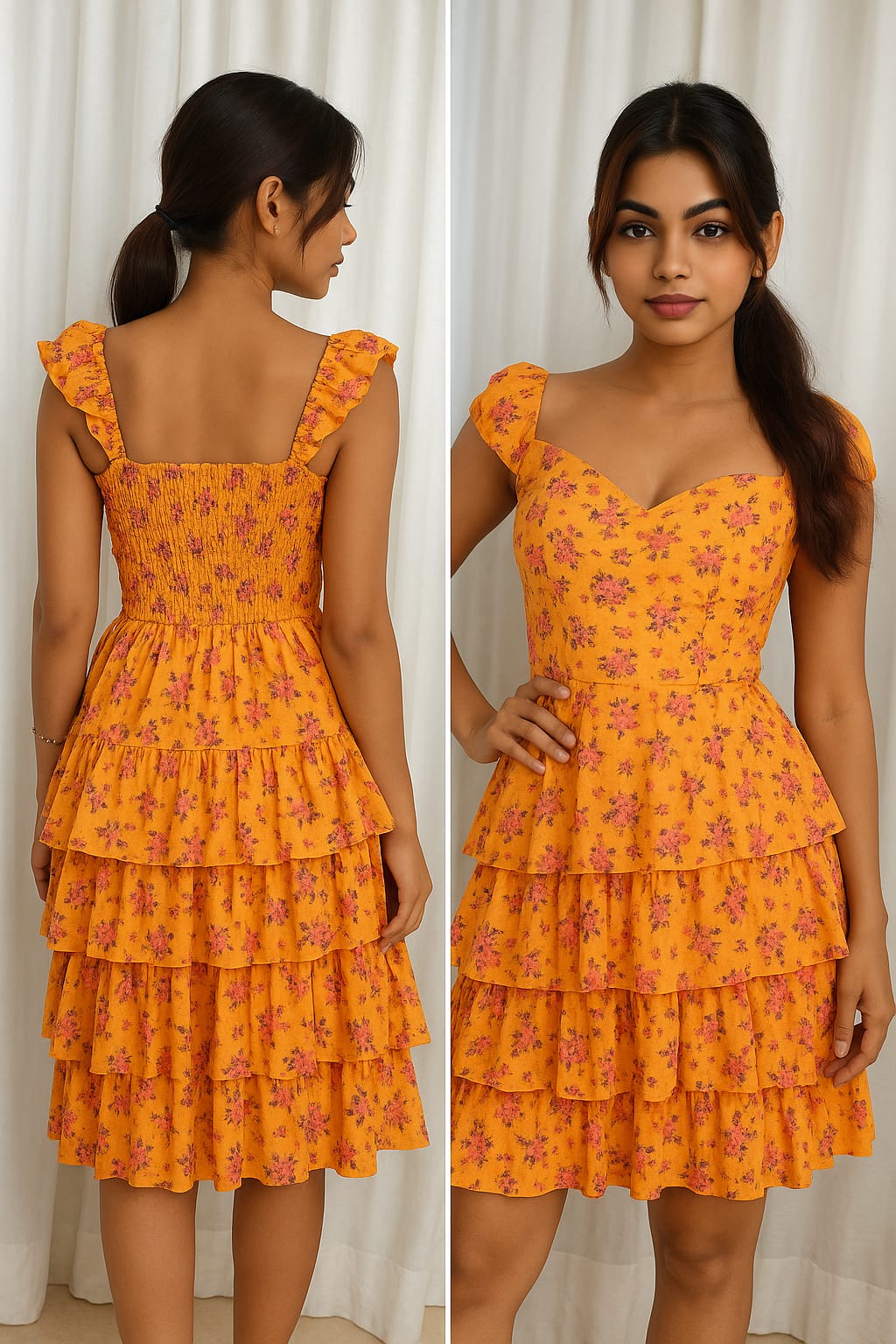 Floral Print Tiered Fit & Flare Dress Orange