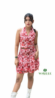 Voxelle Women Floral Print Sleeveless Halter Neck Two Piece Set