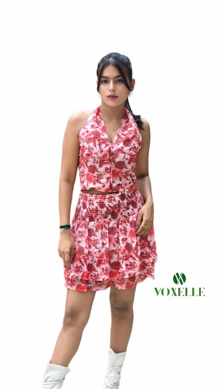Voxelle Women Floral Print Sleeveless Halter Neck Two Piece Set