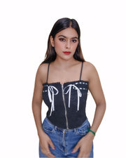 voxelle Ribbon Lace Padded Spag Top in black