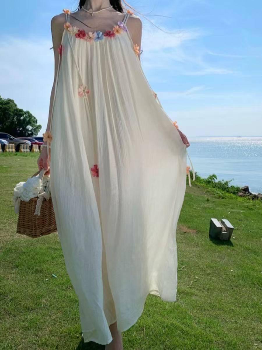 Cotton Strap Dress With 3d Floral