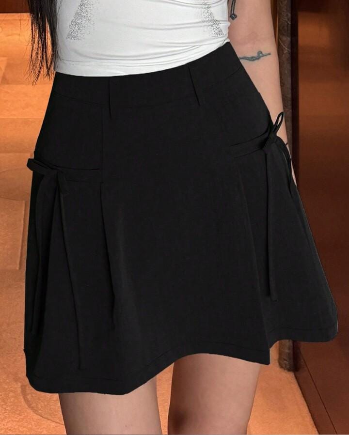 Voxelle Preppy Style Pleated Chic Solid Mini Black Skirt