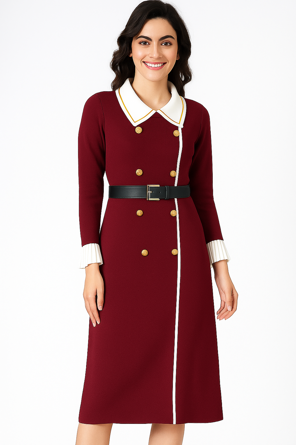 Voxelle Maroon Classic Gold Button Midi Dress- Korean Chic for the Modern Professional