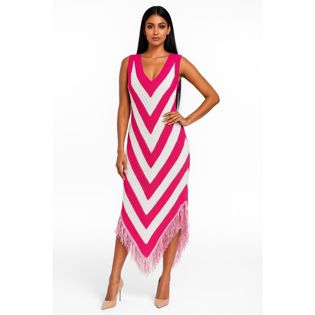 Voxelle pink and white chevron knit fringe dress for women — sleeveless V-neck vacation outfit, perfect for beach and resort wear.