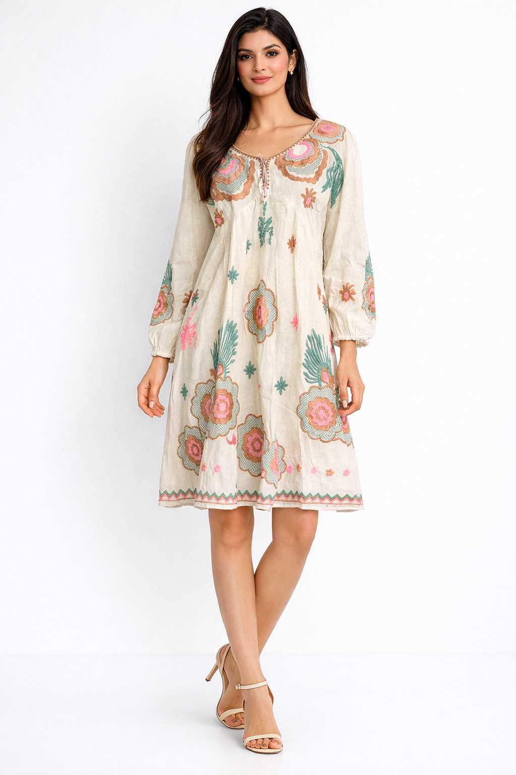 Voxelle Ivory Bloom Embroidered Knee-Length Dress