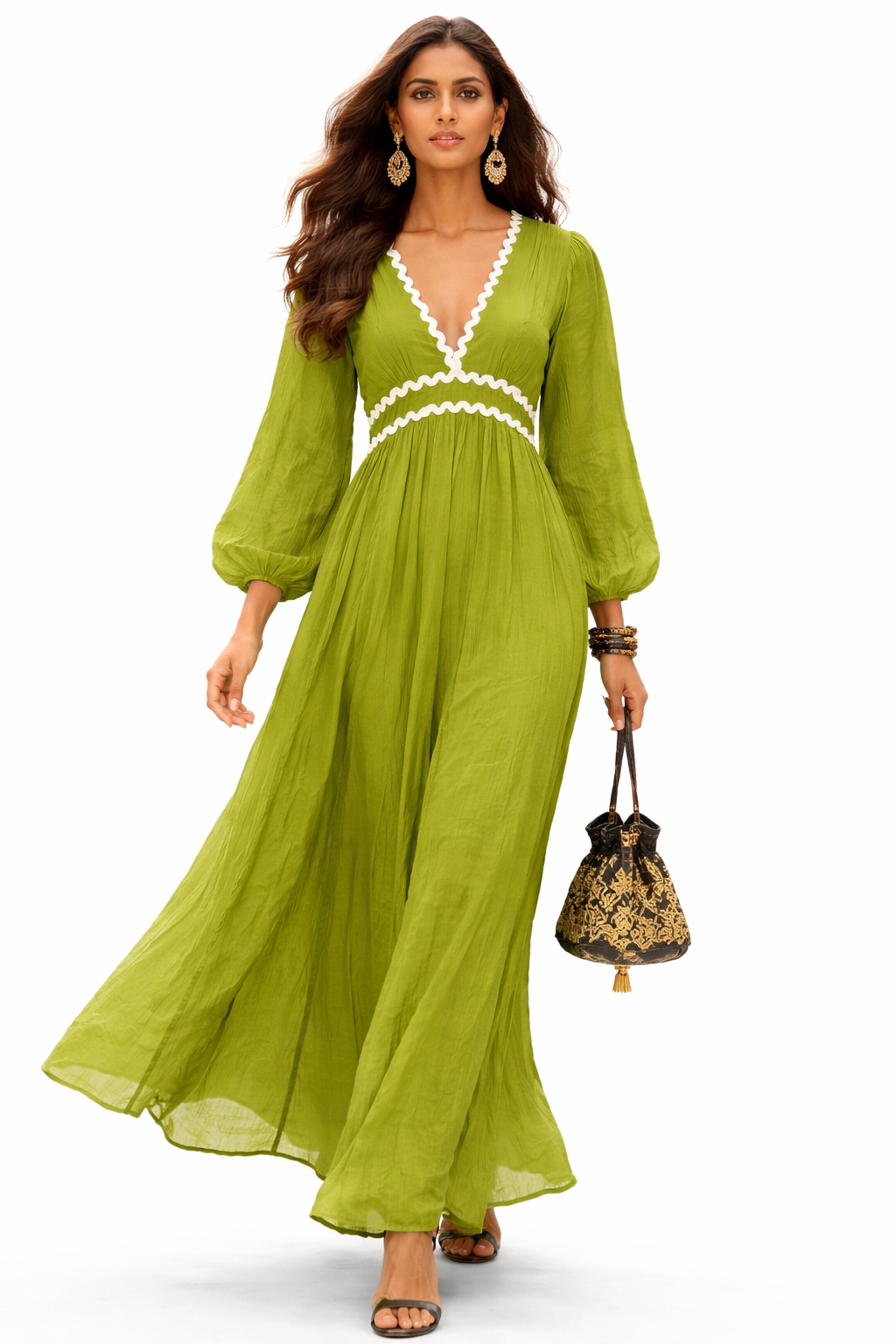 Voxelle Olive Green Scallop Maxi Dress