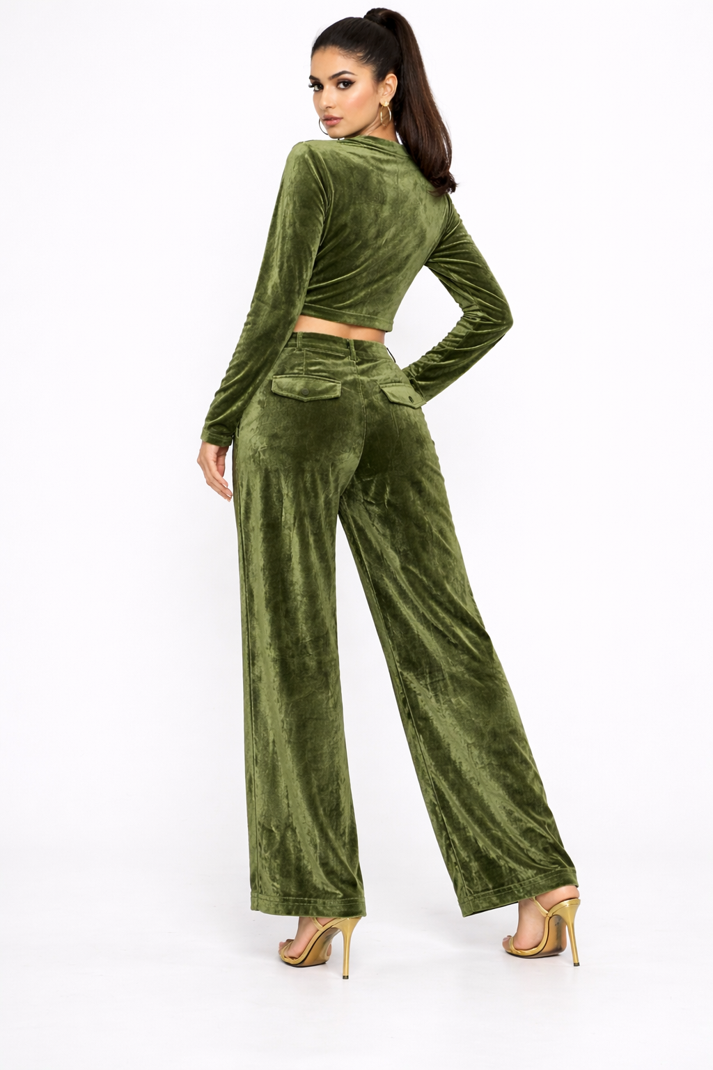 Voxelle Olive Green Velvet Co-Ord Set for Women