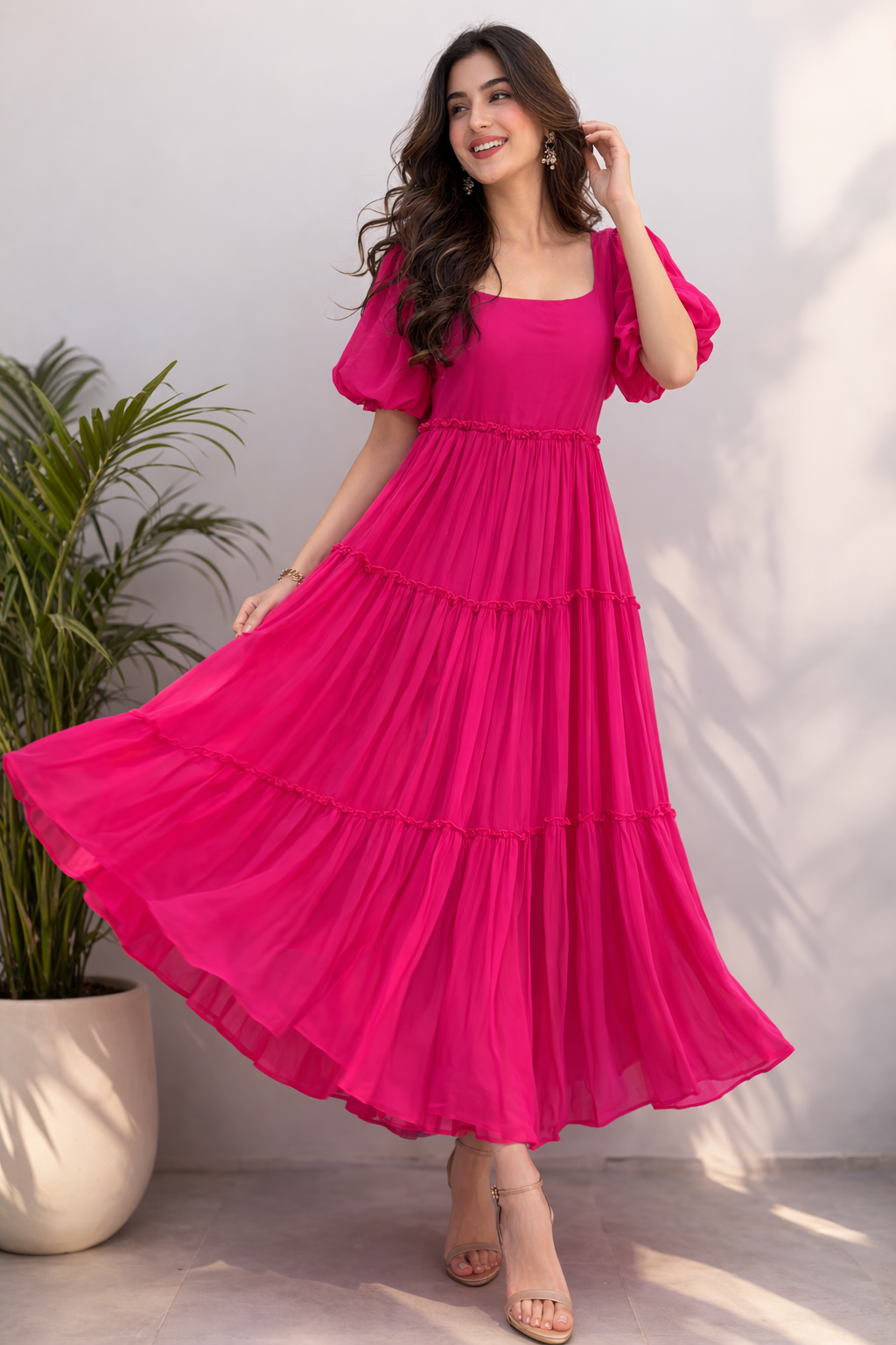 Voxelle Rani Pink Tiered Summer Midi Dress