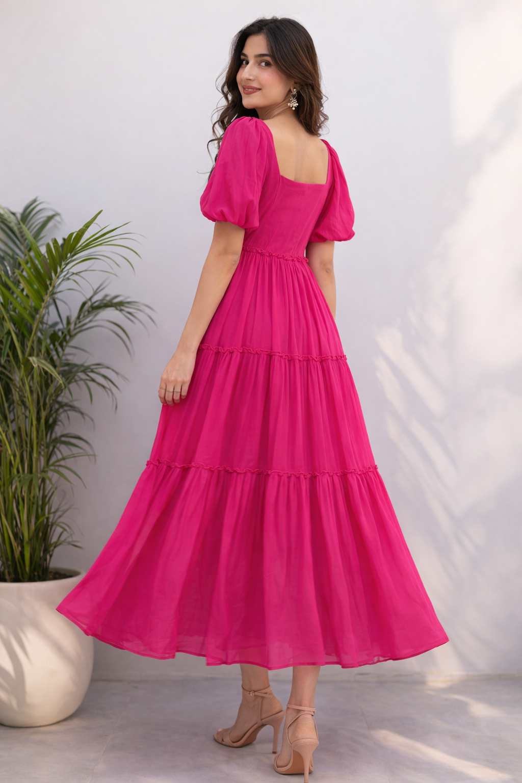 Voxelle Rani Pink Tiered Summer Midi Dress