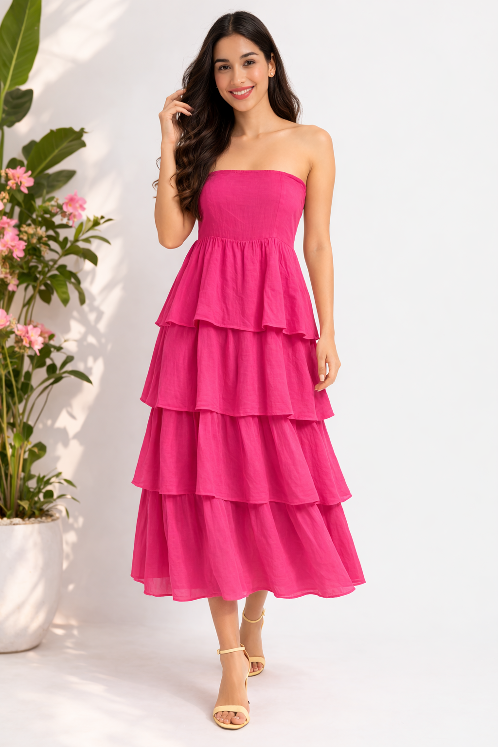 Voxelle Rosella Rani Pink Tiered Strapless Midi Dress
