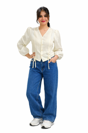 Voxelle White Ruched Balloon Sleeve Top