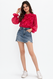 Voxelle Rosé Ruffel Organza Statement Top