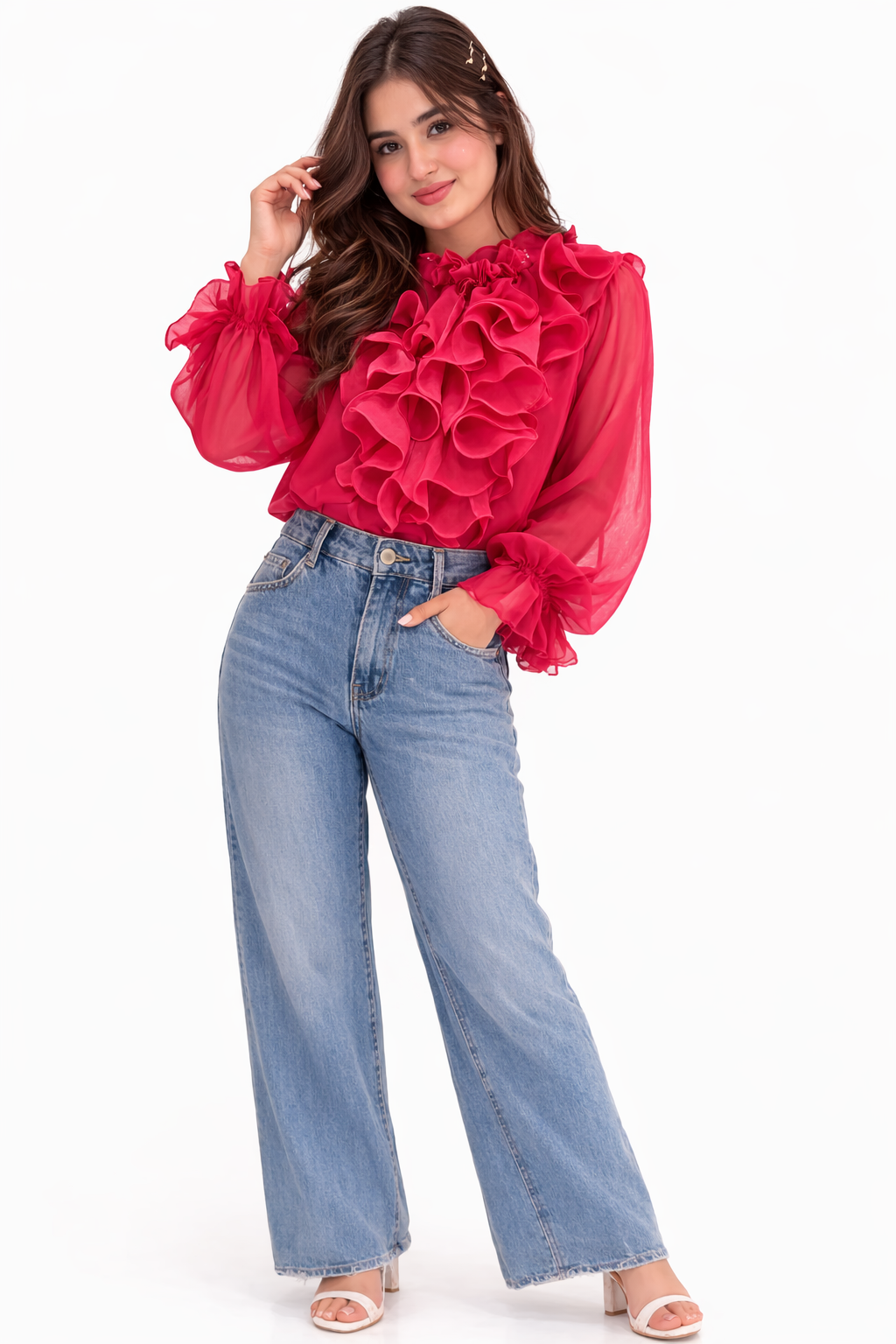 Voxelle Rosé Ruffel Organza Statement Top