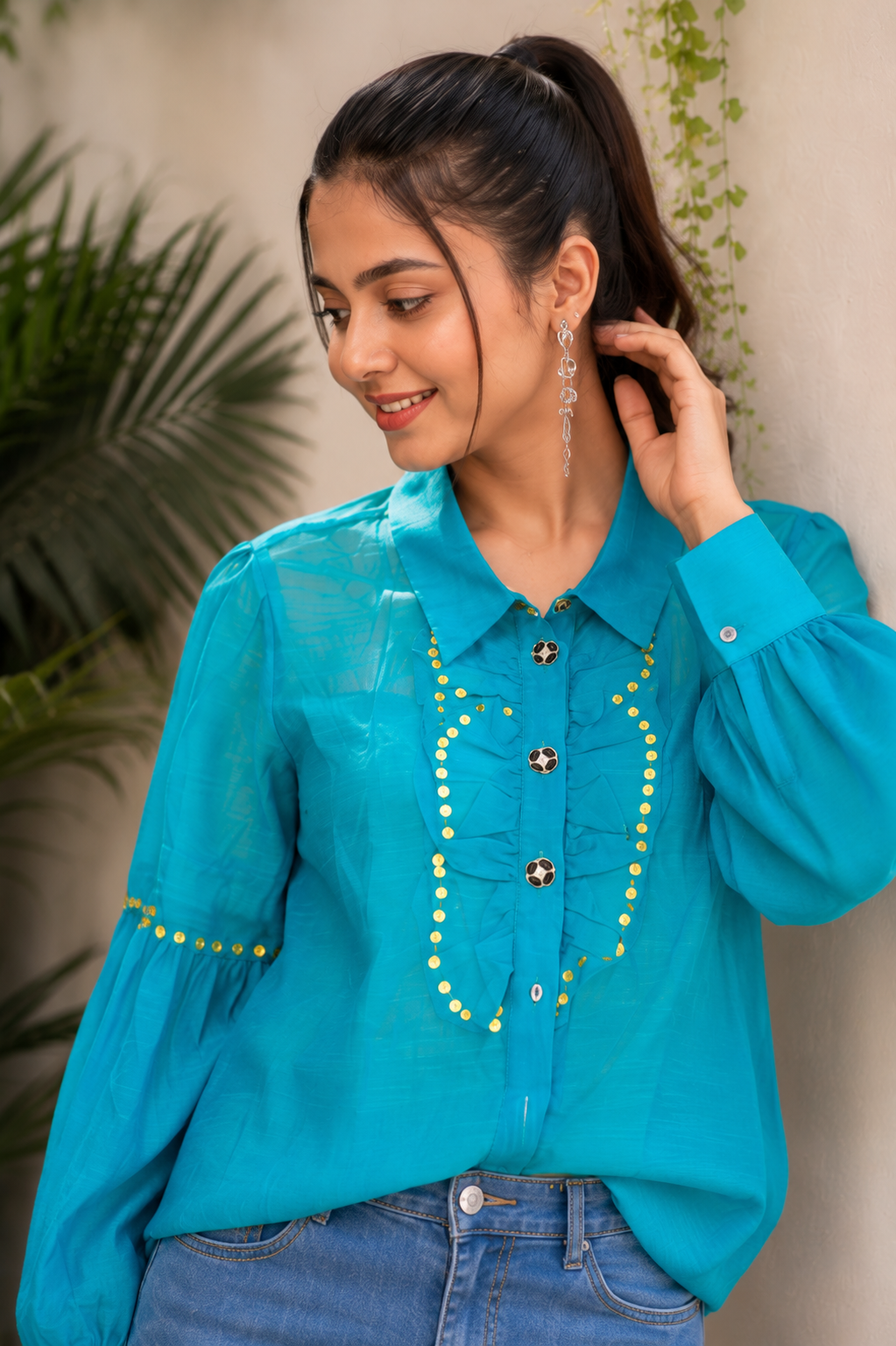 Voxelle Aqua Charm Embellished Shirt Top