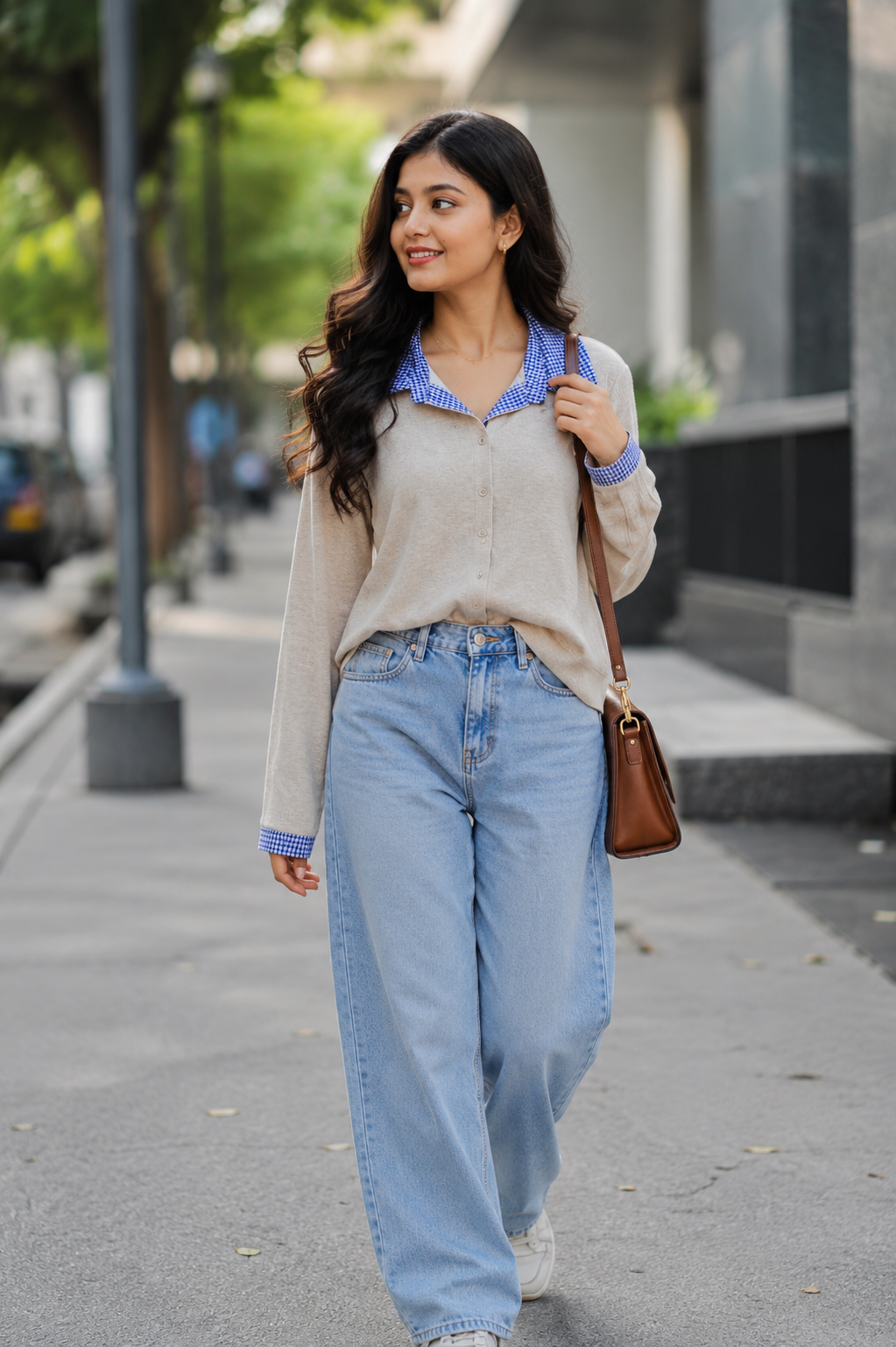 Voxelle Beige Knit Top with Blue Check Collar for Women