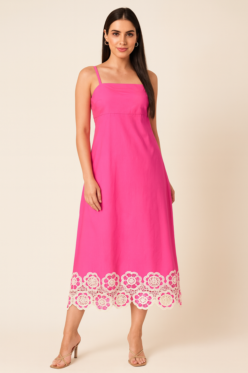 Women’s Lace Hem Cotton Midi Dress – Sleeveless Summer Dress with Spaghetti Straps