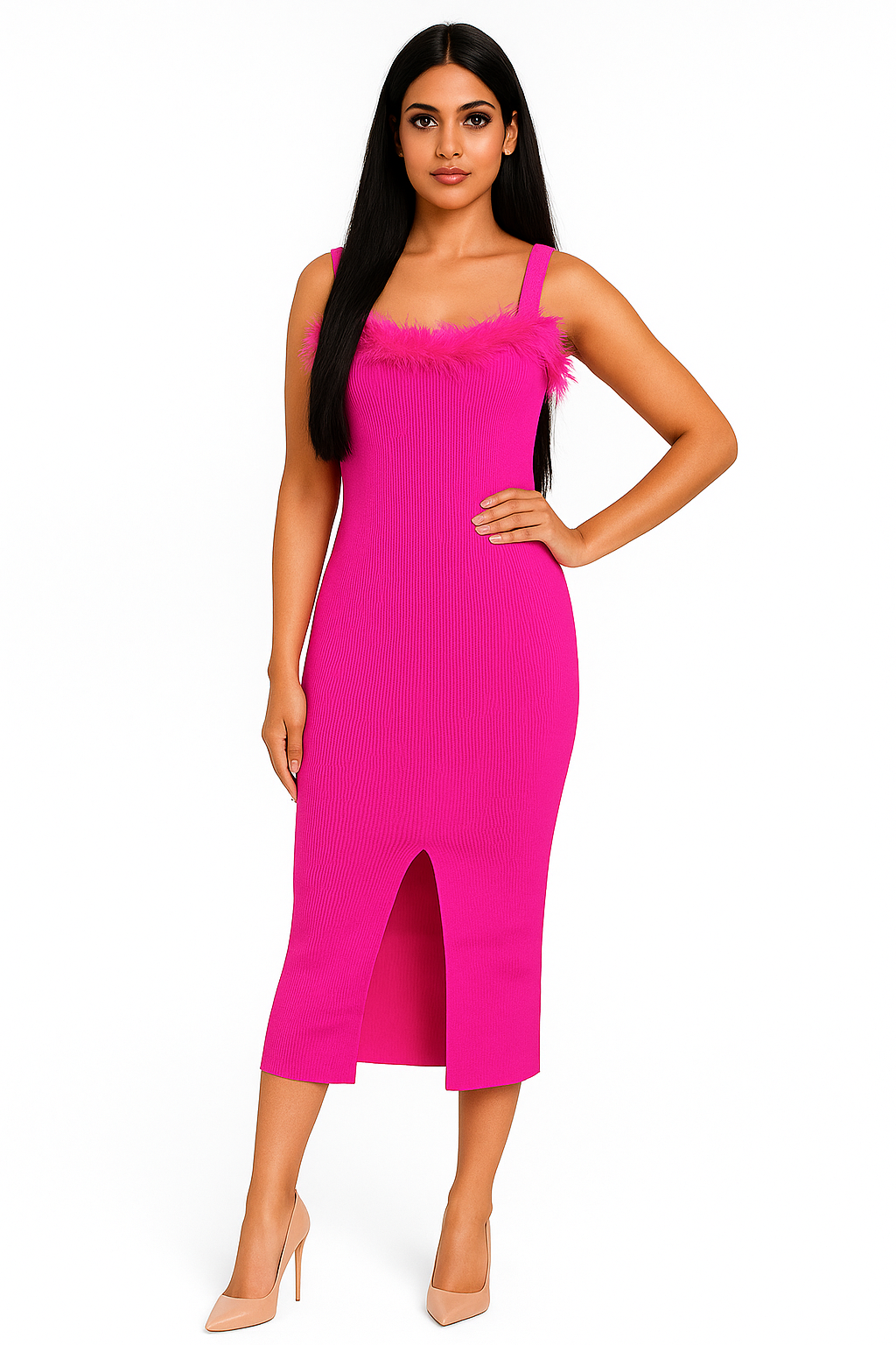 Voxelle Fuchsia Feather Trim Bodycon Midi Dress