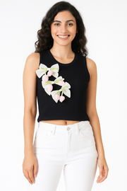 Voxelle Black Floral 3D Embellished Sleeveless Top