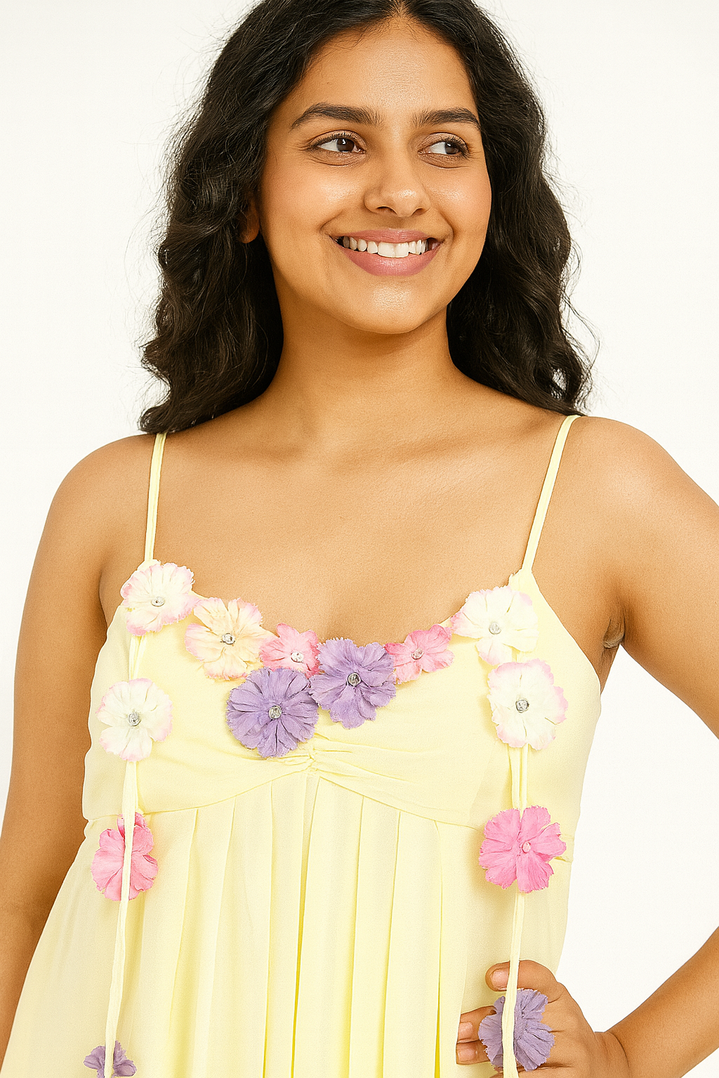 Voxelle Women’s Pastel Yellow Floral Appliqué Midi Dress