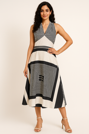 Voxelle Black & White Geometric Print Sleeveless Midi Dress for Women