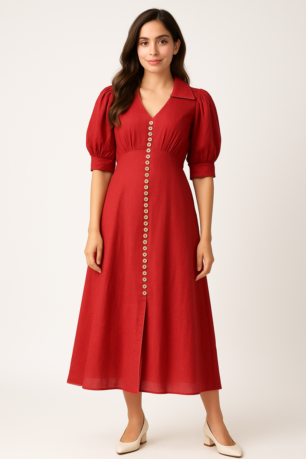 Voxelle Scarlet Red Button-Down Puff Sleeve Midi Dress