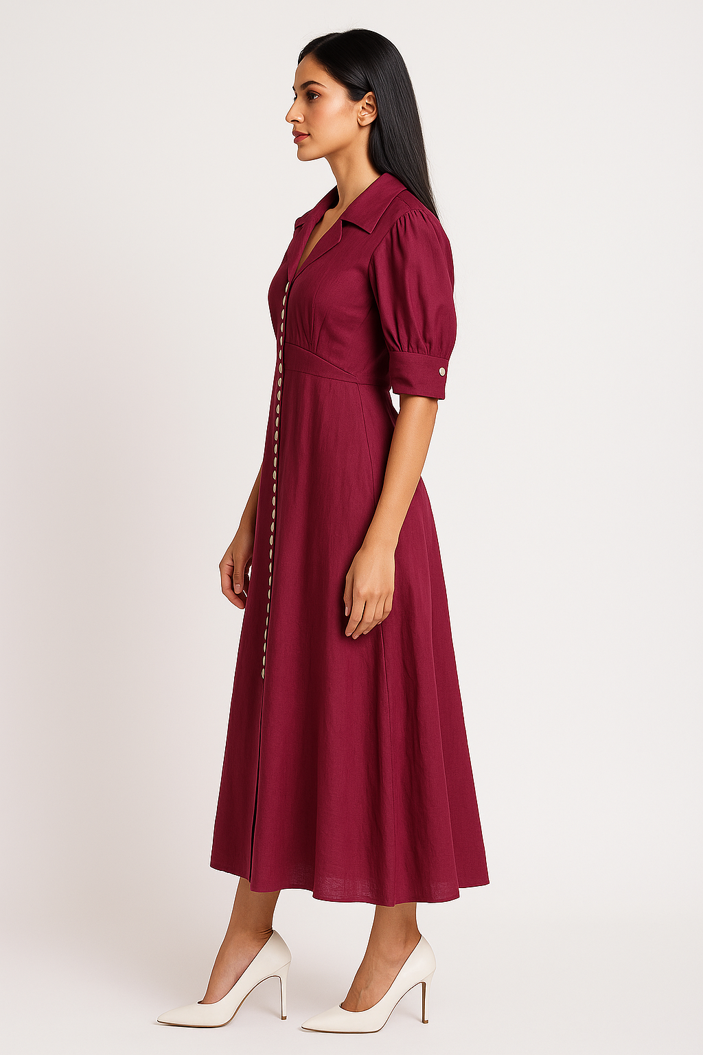 Voxelle Maroon Button-Down Puff Sleeve Midi Dress