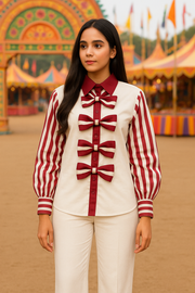Maroon Stripes Sleeves With Bow Cotton Shirt