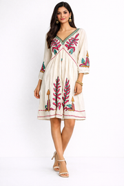 Voxelle Ivory Folk Embroidered Knee-Length Dress