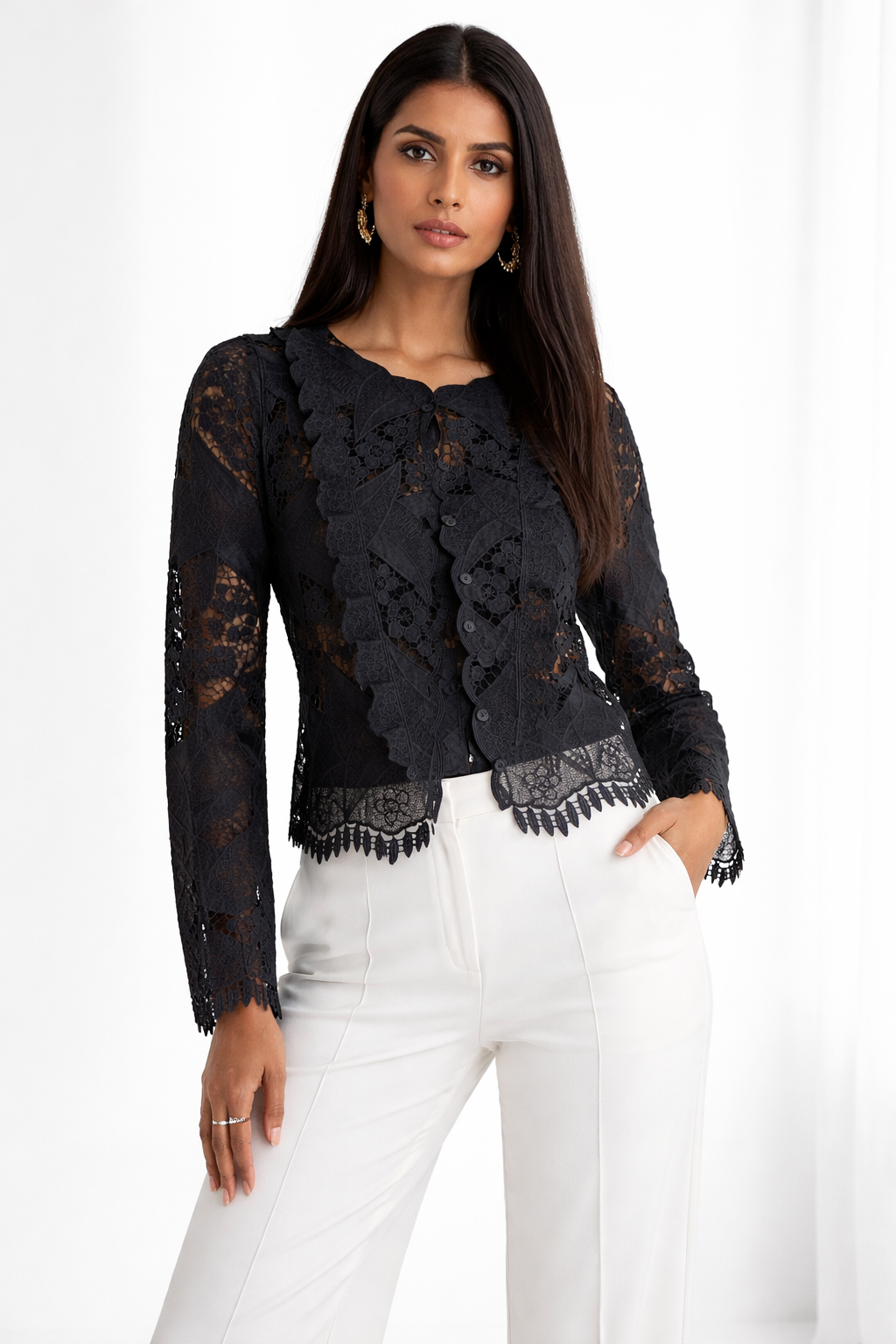 Voxelle Women’s Black Floral Lace Button-Front Top