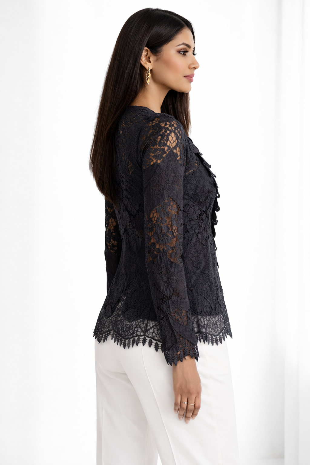 Voxelle Women’s Black Floral Lace Button-Front Top