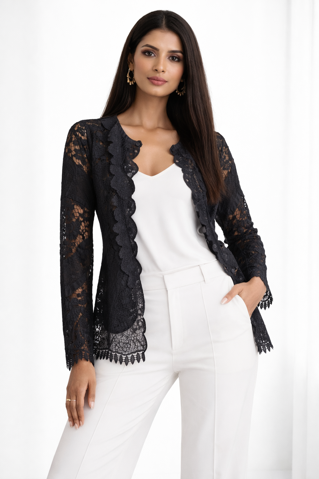 Voxelle Women’s Black Floral Lace Button-Front Top