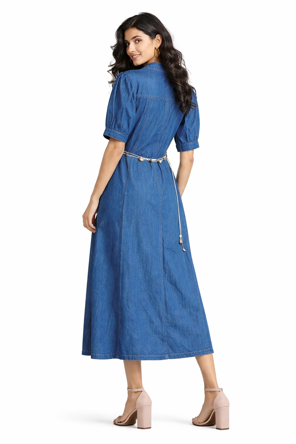 voxelle Women’s Denim Shirt Midi Dress with Belt & Floral Patch