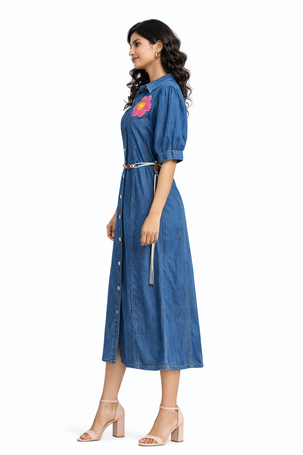 voxelle Women’s Denim Shirt Midi Dress with Belt & Floral Patch