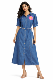 voxelle Women’s Denim Shirt Midi Dress with Belt & Floral Patch